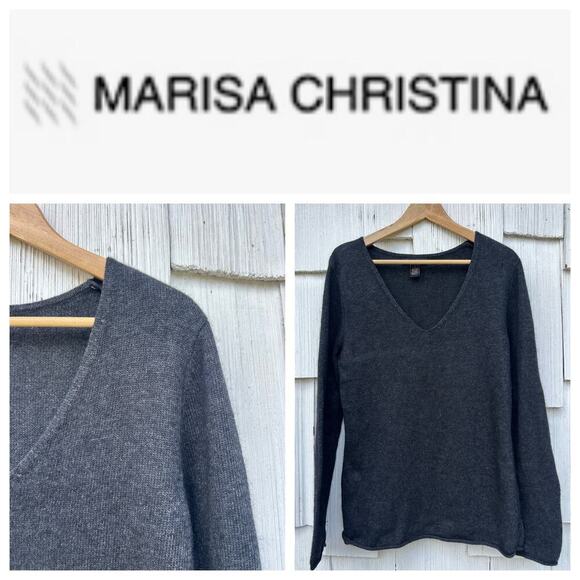 Marisa Christina Charcoal Gray Sweater Angora Wool Blend‎ V-Neck Pullover Size L - Picture 1 of 8